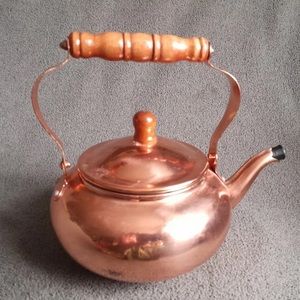 Vintage copper clad teapot with wooden handle